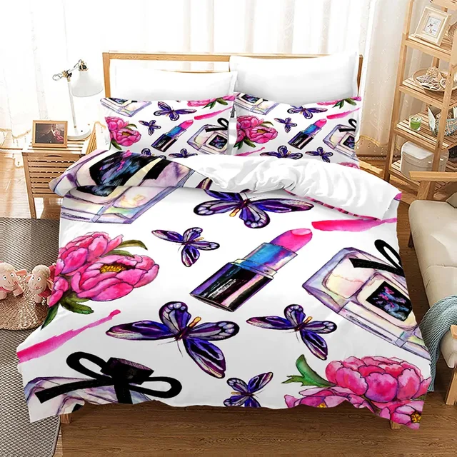 Ensemble de literie de luxe pour fille, style cosmétique nordique, parfum, housse de couette 200x200, linge de lit rose, sans drap 1