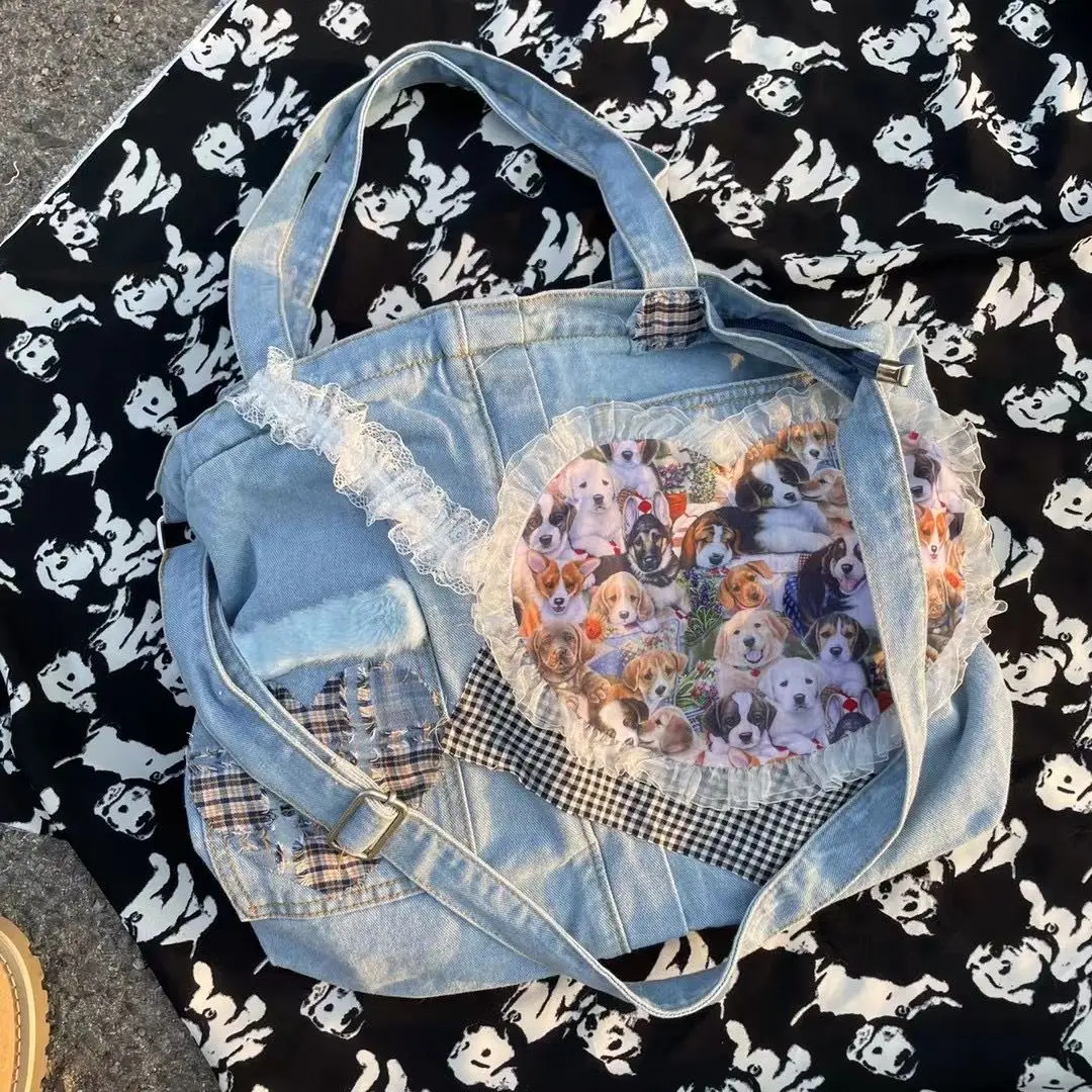 

Fashion Retro Y2K Cute Dog Denim Bag High Capacity Commuter Student Diagonal Bag Handbag Shoulder Bag Women Bag Tote Bag