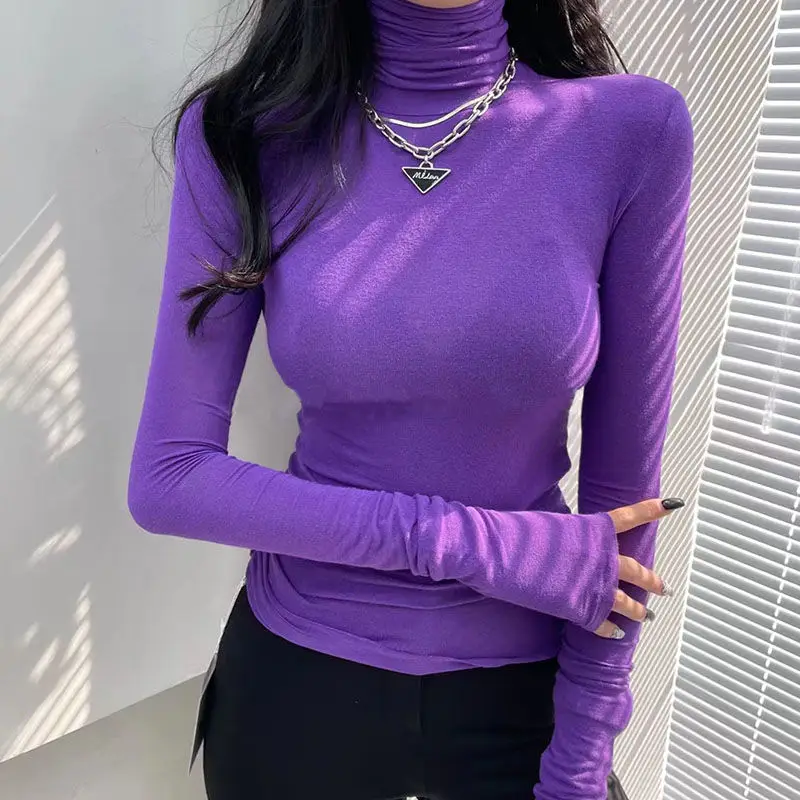 

Korean Long Sleeved T-shirt for Women with Slim Fit and Versatile Solid Color Top Paired with A High Neckline Bottom Shirt L131