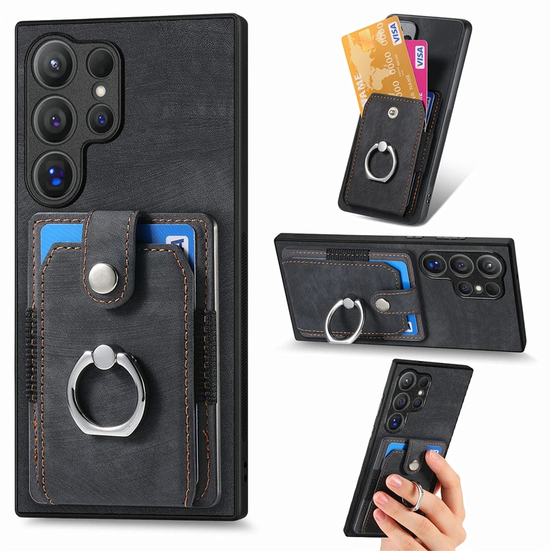 Luxury Leather Magnetic Wallet Case with Ring Stand and Card Slots