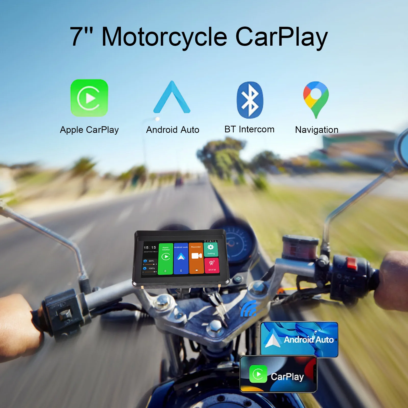 

7 Inch Motorcycle Special Gps Navigator Ipx6 Waterproof Touch Screen Wireless Carplay Android Auto Built-In 1200 Mah Battery