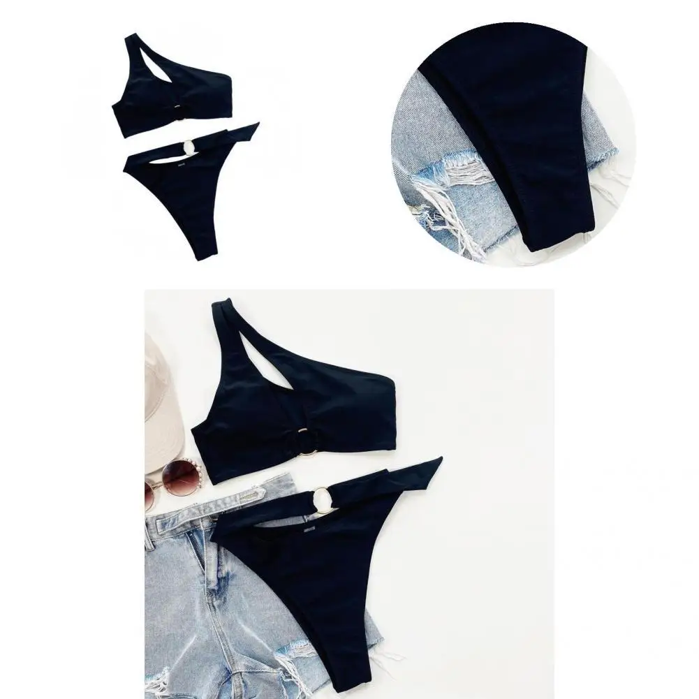 

2 Pcs/Set Chic Bikini Set Soft Two-piece Women Swimsuit Solid Color Summer Bathing Suit