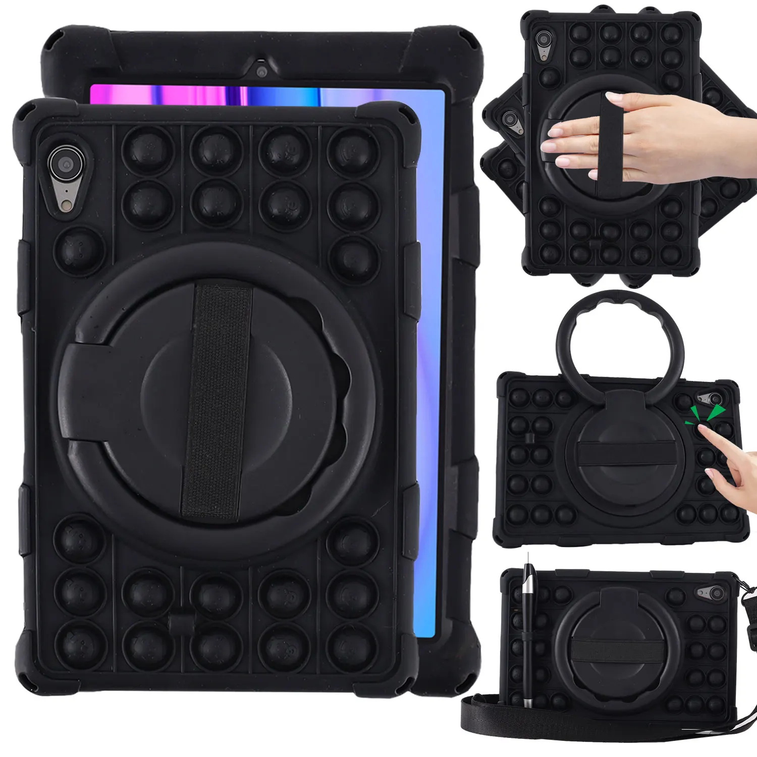 Shockproof Silicone Cartoon Bubble Kids Tablet Case with Shoulder Strap & Stylus Holder
