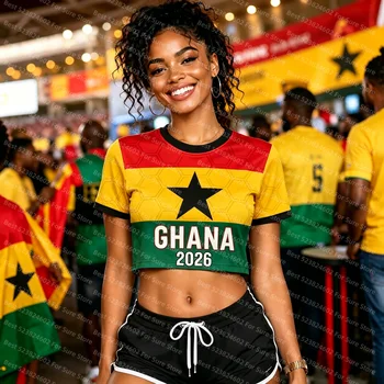 Women Ghana 2026 Flag Crop Top T Shirt Y2K Short Sleeve Soccer Fan Jersey Quick Dry Sport Tee Patriotic Ghana Football Tops