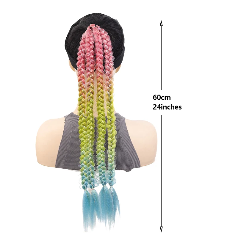 합성 헤어 무지개빛 땋은 머리 포니테일 ? 3톤 그라데이션, 긴 트위스트 디자인, 거리 및 행사 착용 시 시선을 사로잡는 제품