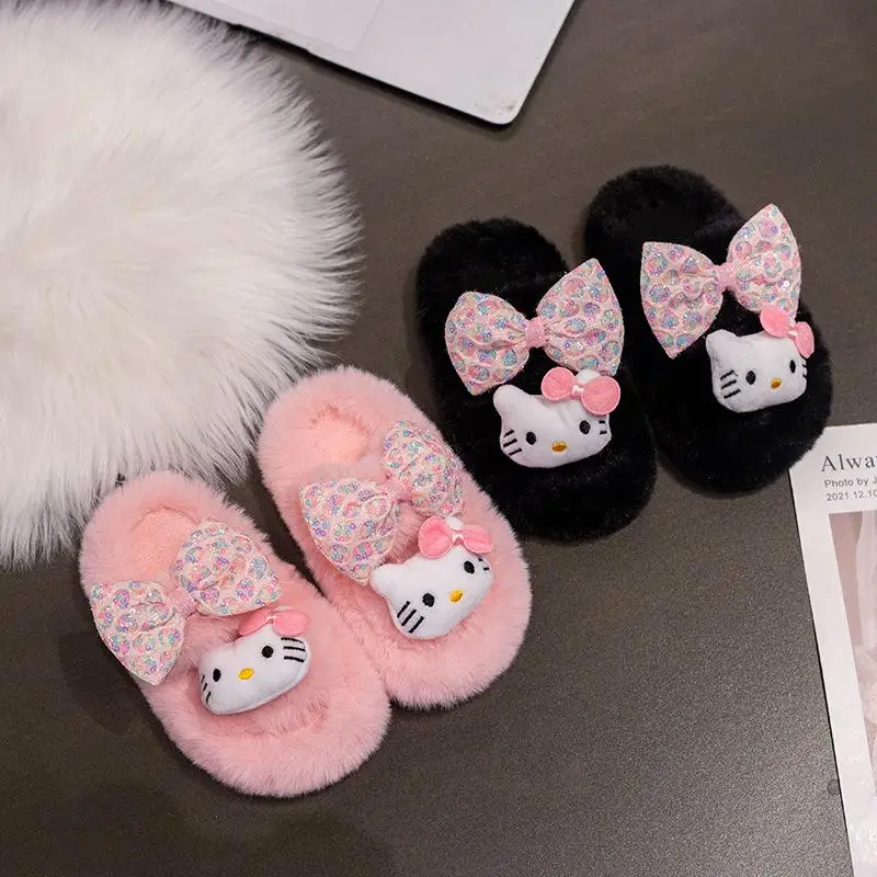 

Симпатичные Детские Мультяшные плюшевые тапочки Аниме Y2K Hellokitty зимние теплые домашние тапочки для пола одежда для улицы обувь принцессы для девочек Подарки