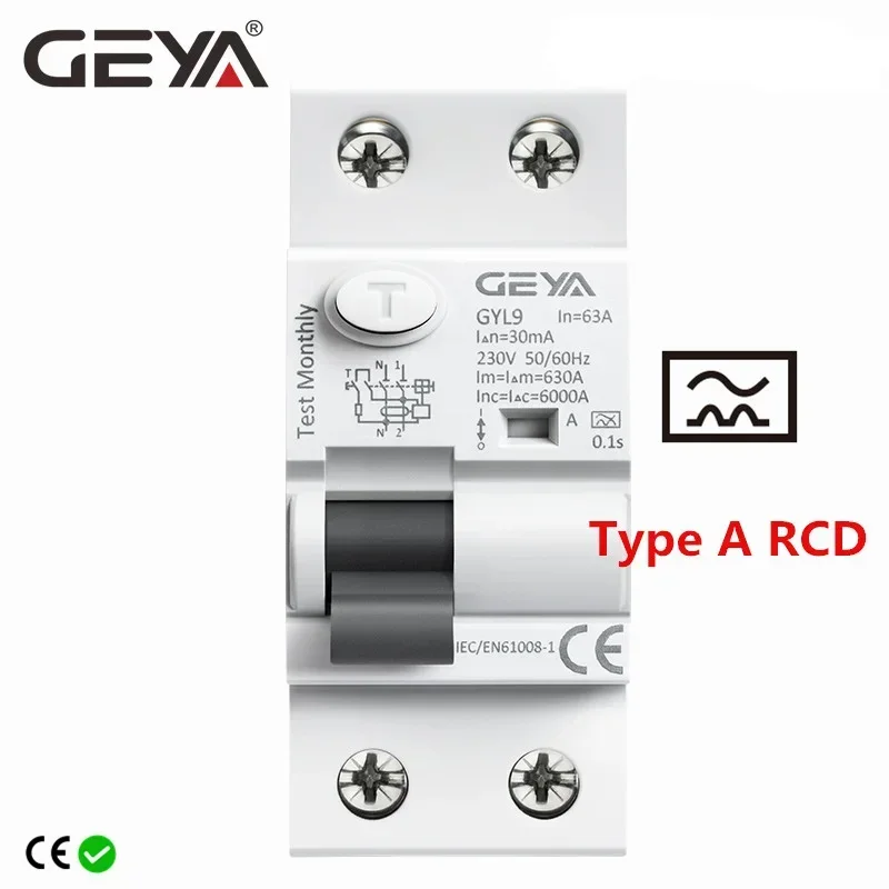 GEYA Type A RCD Electromagnetic Residual Current Circuit Breaker AC ELCB 2 Pole 40A 63A 30mA 100mA 300mA RCCB