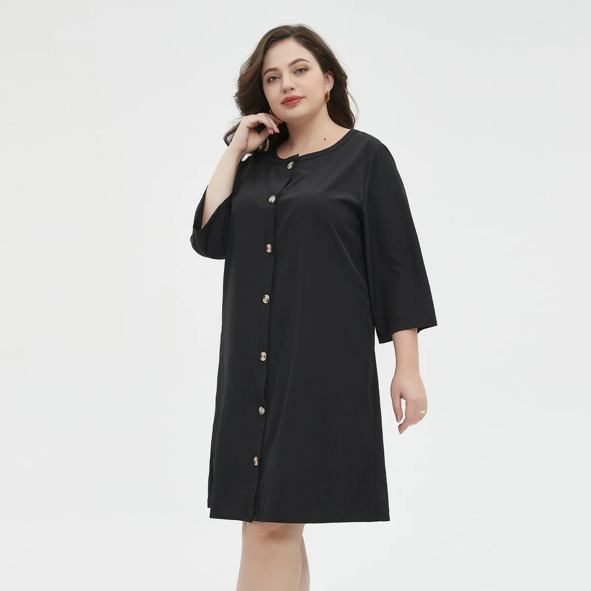 Plus Size Solid Color Button Front Midi Dress, Casual Crew Neck Half Sleeve Dress For Summer & Spring Women's Plus Size Clothing