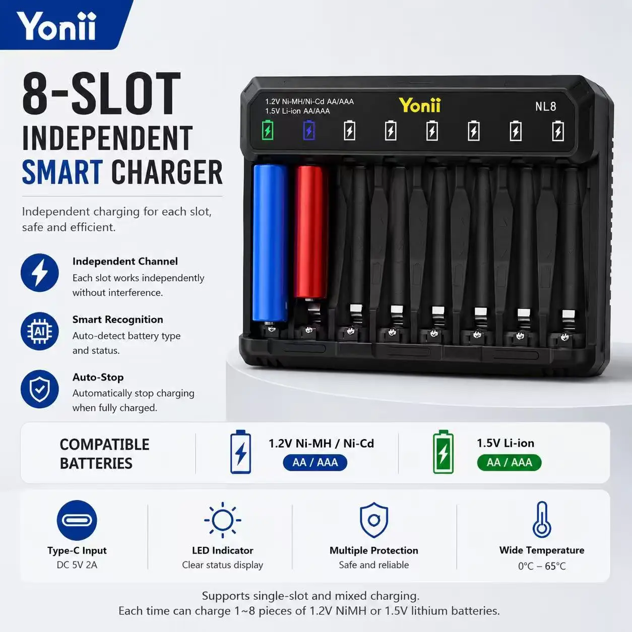 Vue de face du chargeur de batteries drone 8 emplacements indépendants avec câble d'alimentation