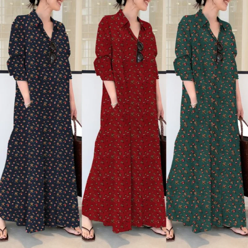 

Islam Abaya Dress Cotton and Linen Print Lapel Long Sleeve Abayas for Women Pocket Simple Loose Casual Long Shirt Ladies Dress