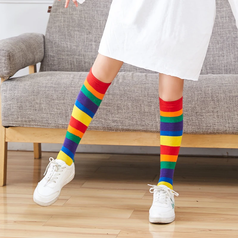 Girls Socks Mid-tube Autumn Children's Rainbow Socks Pile Color Striped Over The Knee