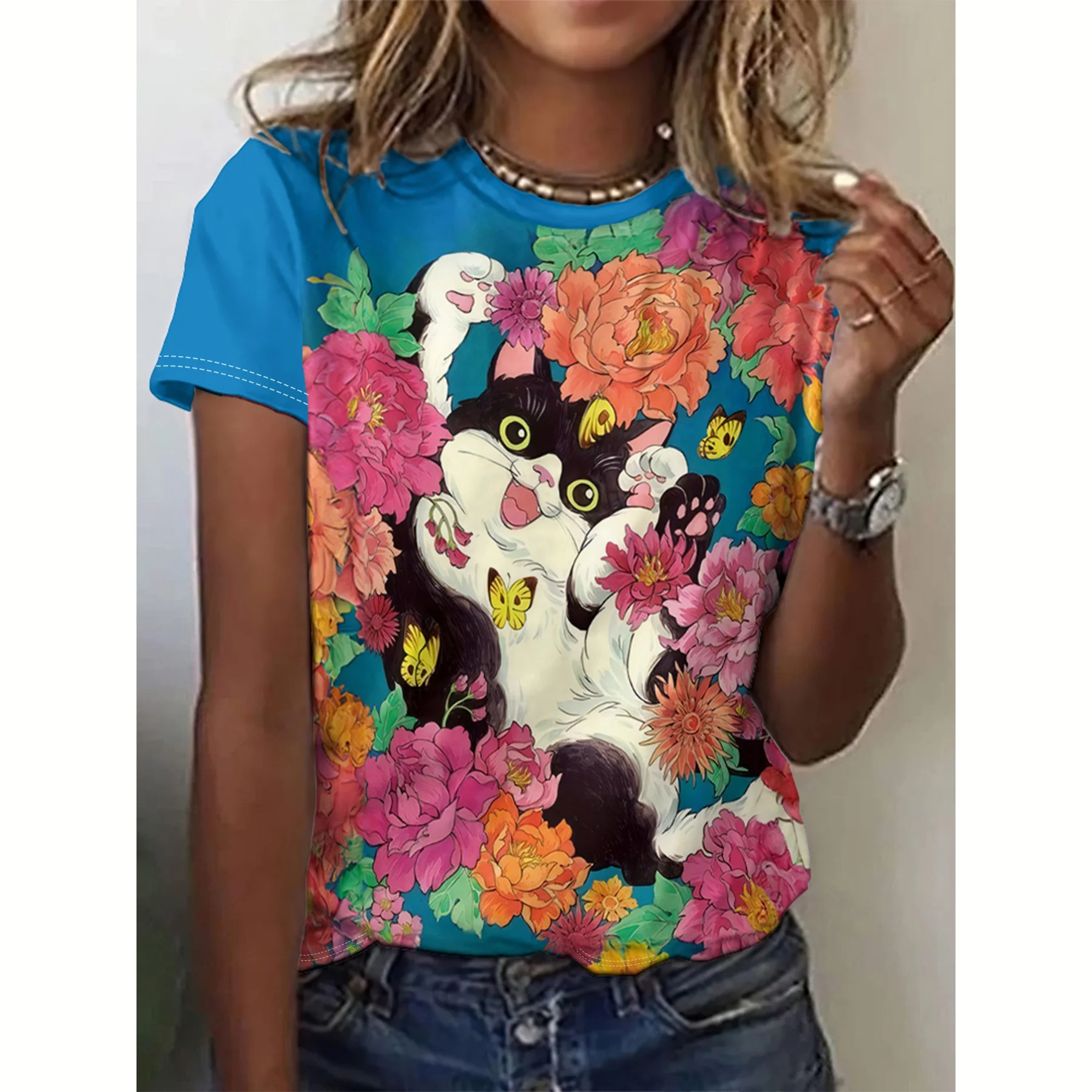 Summer Women's T Shirt Cat Print Casual Short Sleeve 3d T Shirts Fashion Streetwear Female Crew Neck Pullover Oversized Clothing