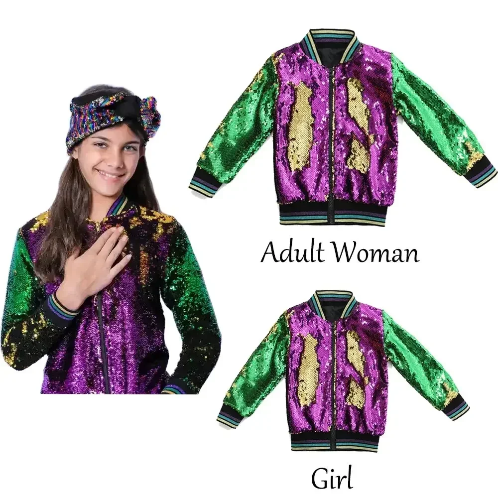 

Wholesale Children's Jacket Spring Autumn Baby Girls Women Zipper Coats Top Mardi Gras Mother Kids New Outwear Sequin Jackets