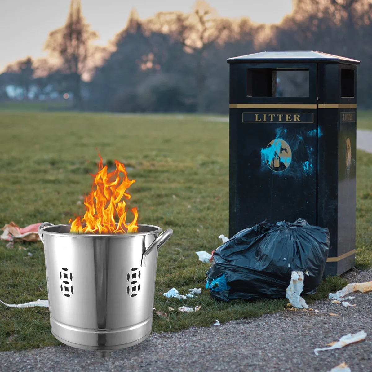 

2 Pcs Incinerator Stainless Steel Bin for Home Garbage Can Money Metal Trash Container Round with Lid