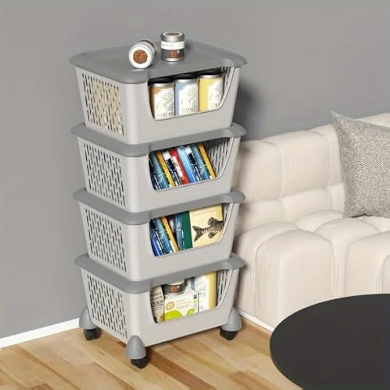 Plastic Stacking Basket with Wheels Stackable Storage Basket Organizer 5 Tiers 5