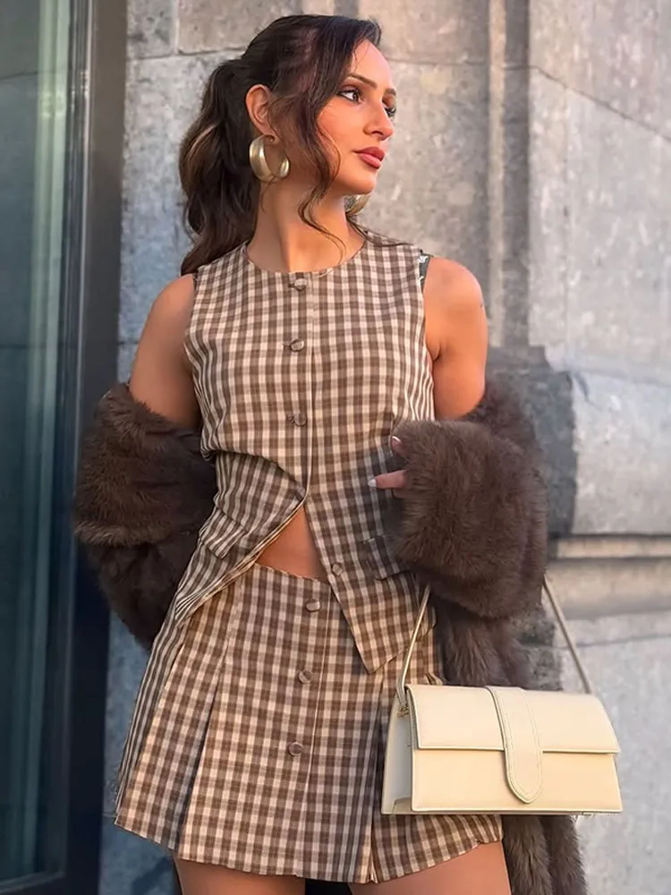 Women Elegant Plaid Print Pleated High Waist Mini Skirt Sets Retro Buttons  O-neck Sleeveless Top Suit Lady Street Outfits 2025 2