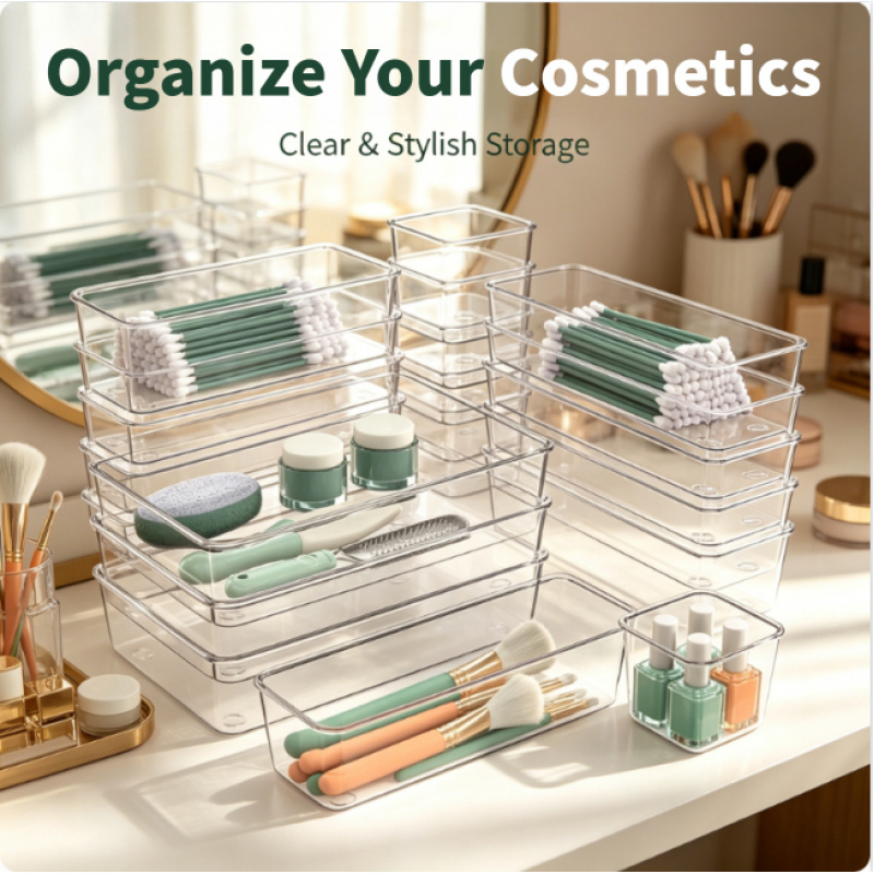 25Pcs Clear Plastic Drawer Organizers Set Desk Dividers Bins for Makeup Jewelries Gadgets Bedroom Dresser Office