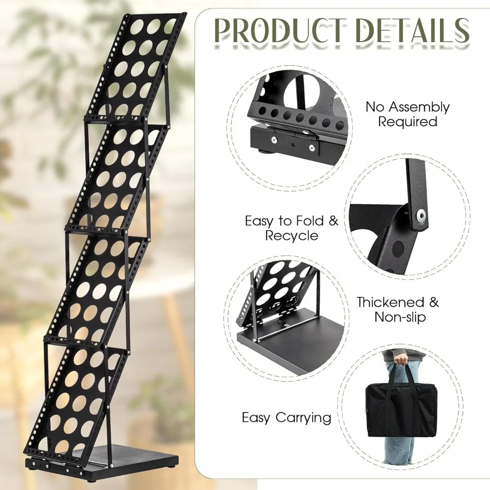 1 Piece Foldable Magazine Rack Metal Catalog Literature Racks,Portable 4 Pockets with Carrying Bag Brochure Stand 3