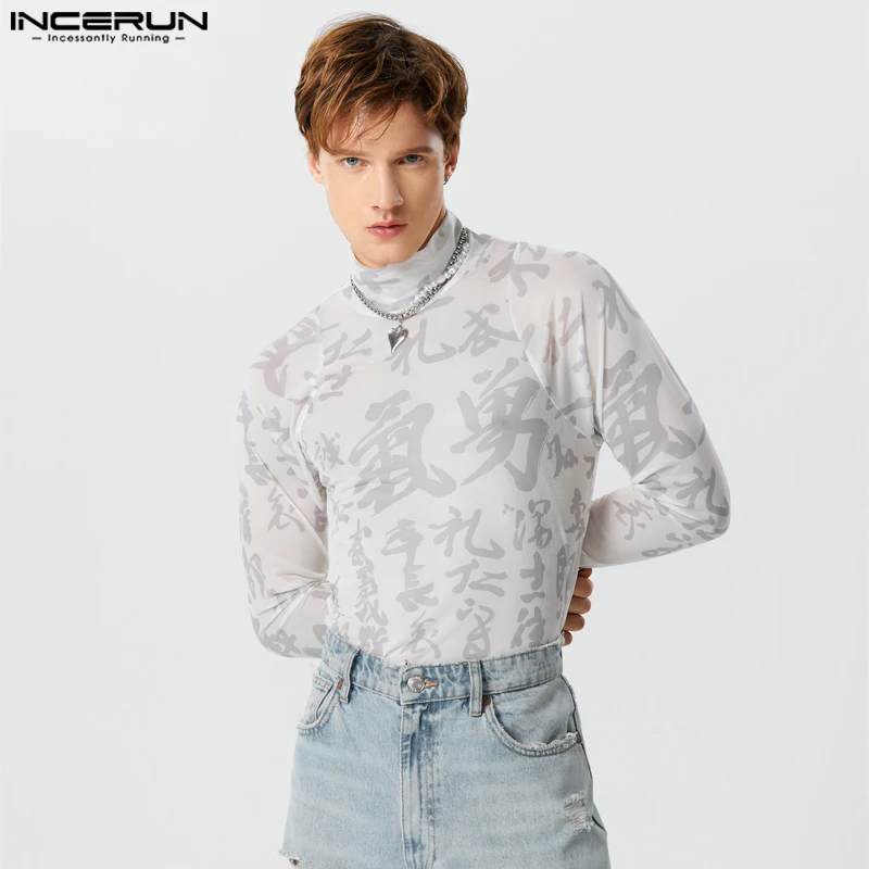 

INCERUN Men Bodysuits Printing Turtleneck Long Sleeve Sexy Transparent T Shirts Streetwear 2023 Fitness Stylish Male Bodysuit