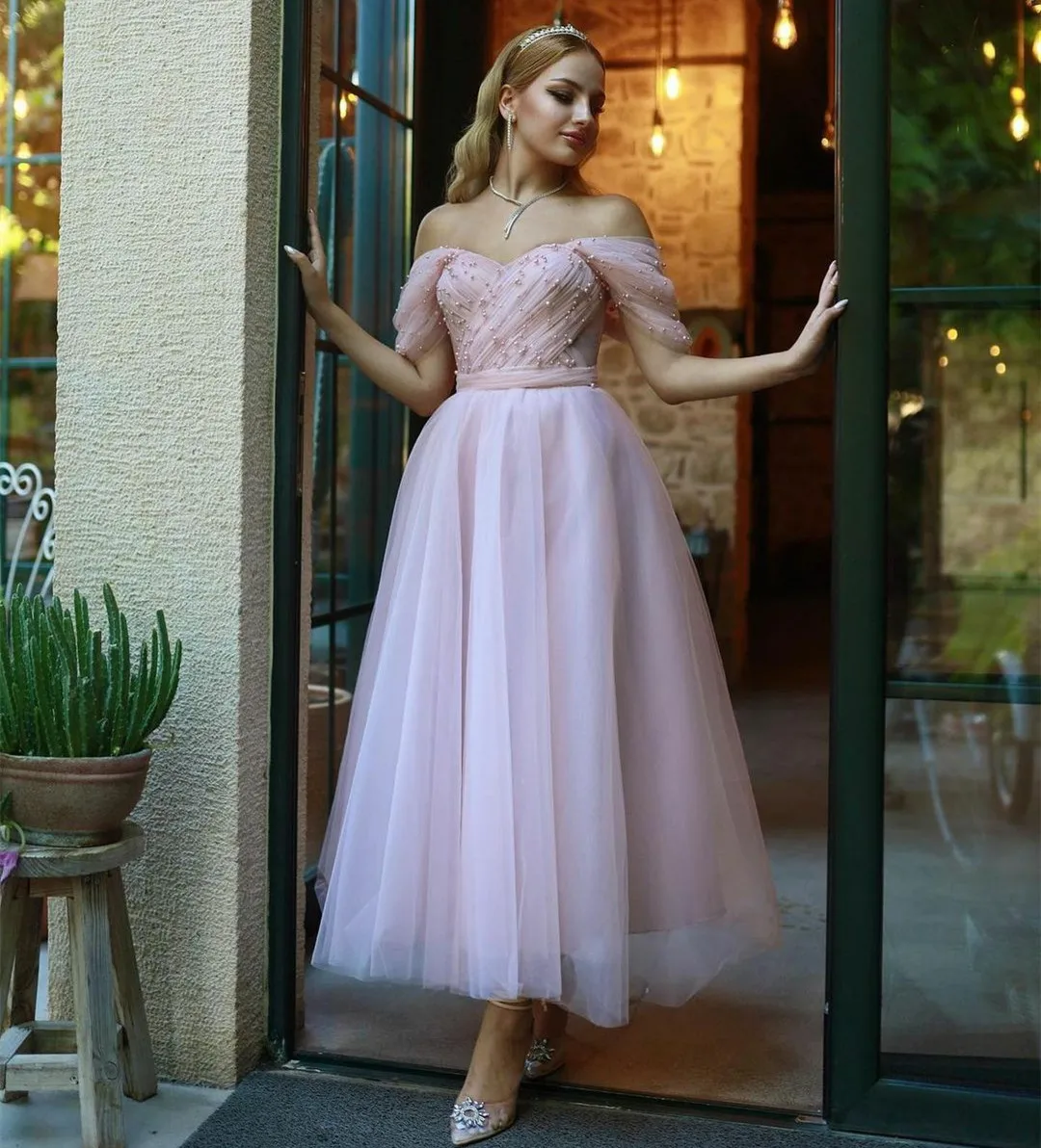 

Elegant Short Beaded Tulle Evening Dresses A-Line Off Shoulder Tea Length فساتين سهرة Prom Formal Dress for Women