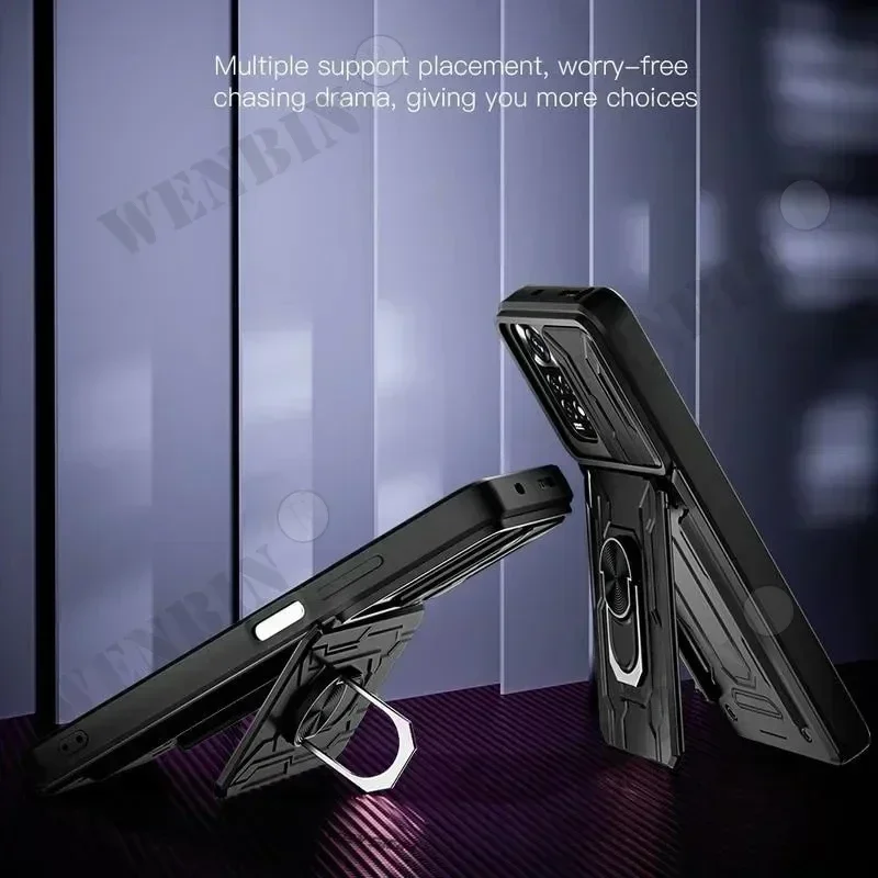 Phone Case For Redmi Note 14 13 12 Pro Xiaomi 14T Pro Poco X6 Slide Stand Ring 360 Magnetic Camera Military Grade Card Slot Cover