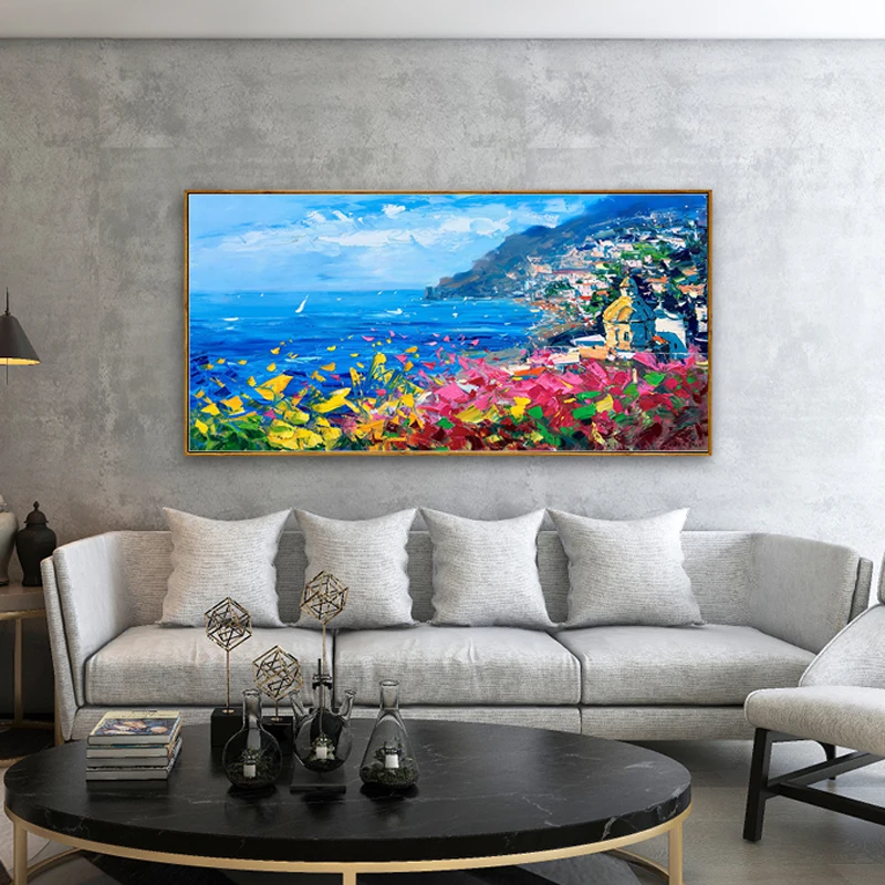 

Mediterranean Style Interior Decor Wall Painting Garden And Sea Blue Theme Wall Art Picture Pure Handmade Abstract Oil Paintings