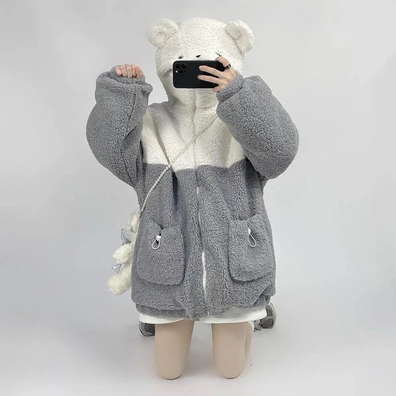 Women Faux Fur Hoodies for Jacket Bear Ears Up Colorblock Sweatshirt Co Dropship