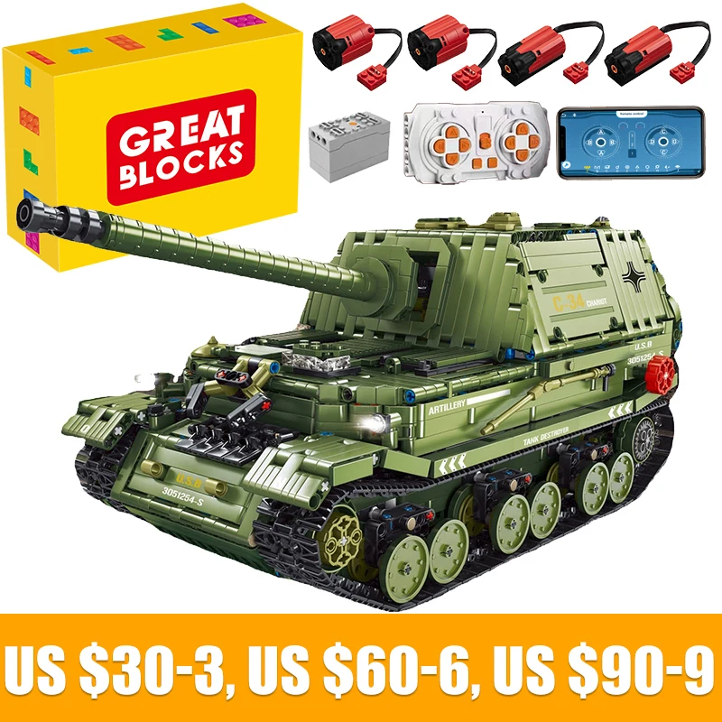 

Technical APP Remote Control T4012 Ferdinand Tank Destroyer Moter Power Bricks Building Blocks Military Gift Toys For Boys Moc