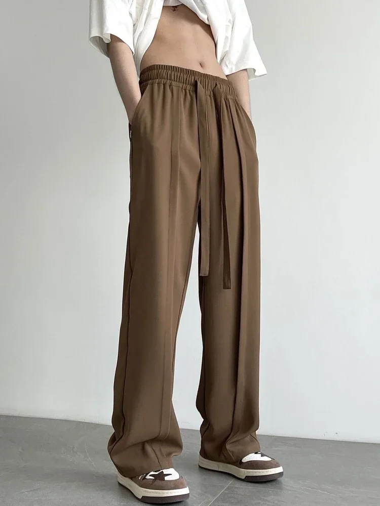 Pantalones de verano de poliéster para hombre, pantalones de traje rectos marrones para hombre, pantalones de moda, ropa clásica antiarrugas, elegantes y formales
