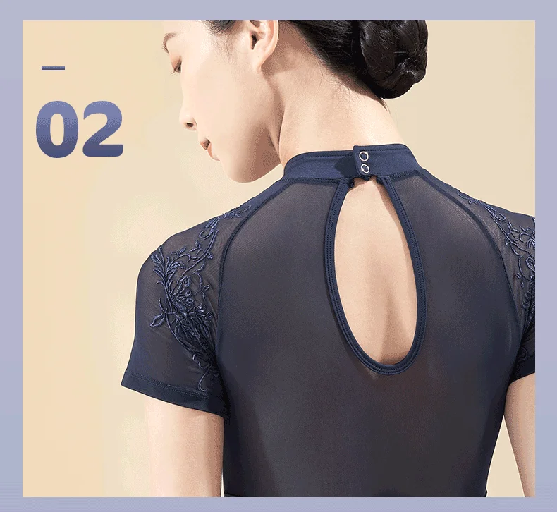 Frauen Ballett Trikots stehen Kragen Tanz Bodysuit mit Knoten Knopf Stickerei Kurzarm Tanz Trikot Gymnastik Bodysuit – Detail 13