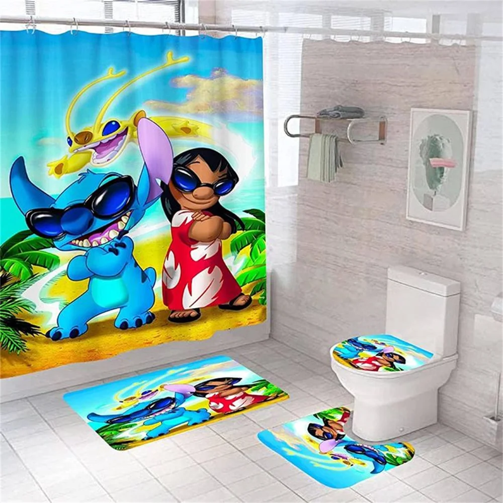 

Stitch Shower Curtain Set 4pcs Cartoon Curtain with Toilet Cover Mat and Carpet Rug Waterproof Shower Curtain for Bathroom Decor