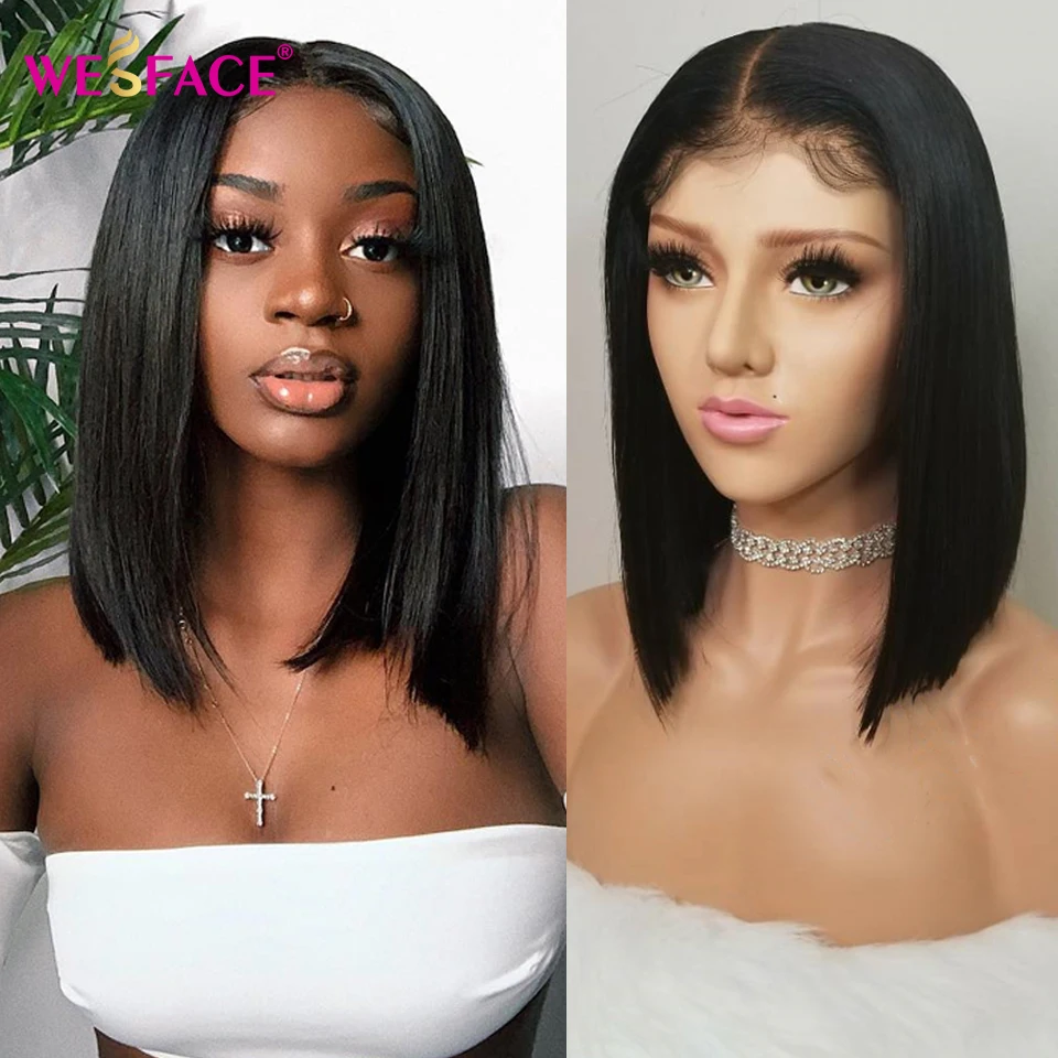 

Short Bob Straight Wig Natural Black Color Bob Lace Closure Wig Brazilian Human Hair Bob Wig Bleached Knots For Black Women Remy