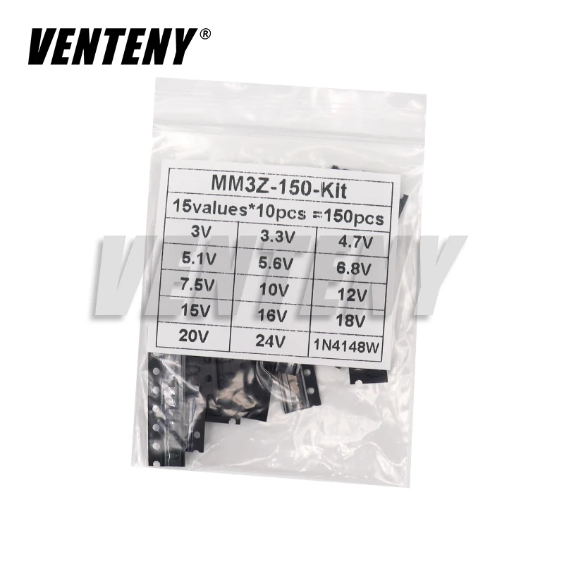 150 шт. 0,2 Вт SMD стабилитрон диод Ассорти Комплект SOD-323 0805 3 в-24 в 1N4148 15 значений каждый 10 шт. DIY набор образцов