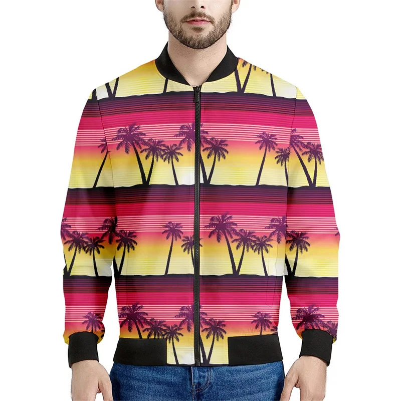 thumbnail image 1 of Chaqueta con cremallera con estampado de puesta de sol de Maldivas para hombre, chaqueta hawaiana de playa con estampado 3D de manga larga, chaqueta bomber informal holgada, abrigo de calle, 1 of 5