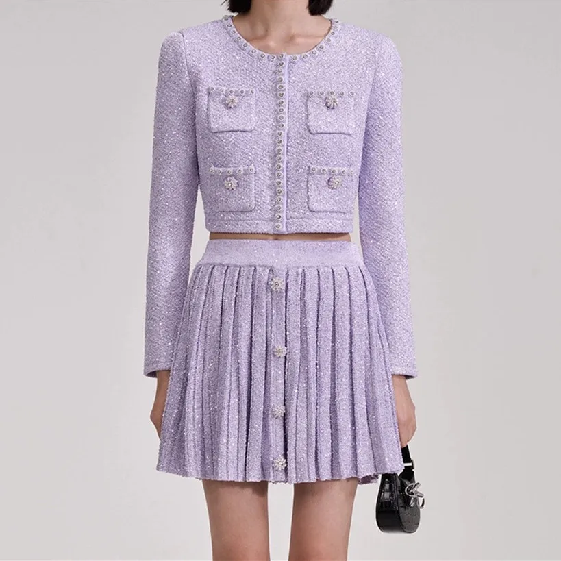 

Women Round Neck Buttons Pockets Long Sleeve Knitted Top Or Pleated Mini Skirt