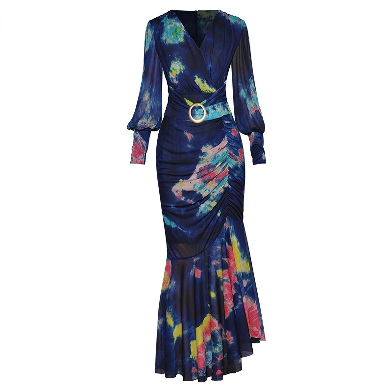 

Dresses For Women 2023 Runway Luxury Designer Party Autumn V-neck Lantern sleeve Folds Tie Dye Print Slim maxi Mermaid Dress