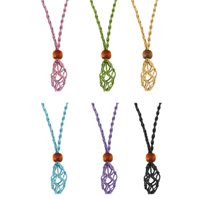 Retro Woven Natural Stone Pendant Necklace Net Pocket Hollow Handmade Jewelry Men and Women the Same Style Without Gems 4