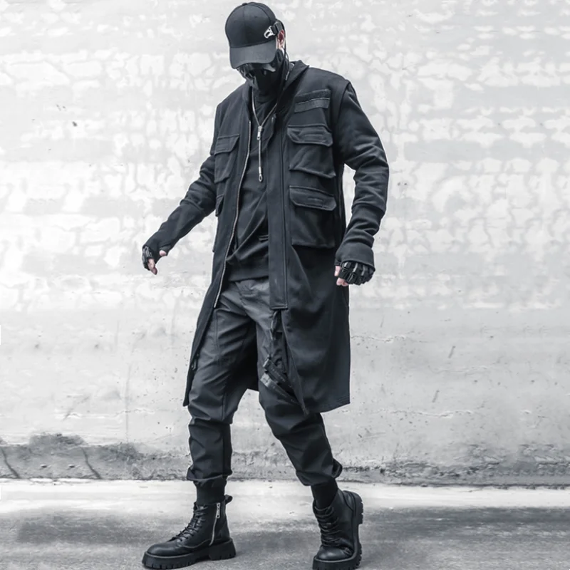 Techwear Style Multi-pocket Patchwork Design Mid-length Trench Coat Mens Clothing Y2K High Street Tactical Function Jackets
