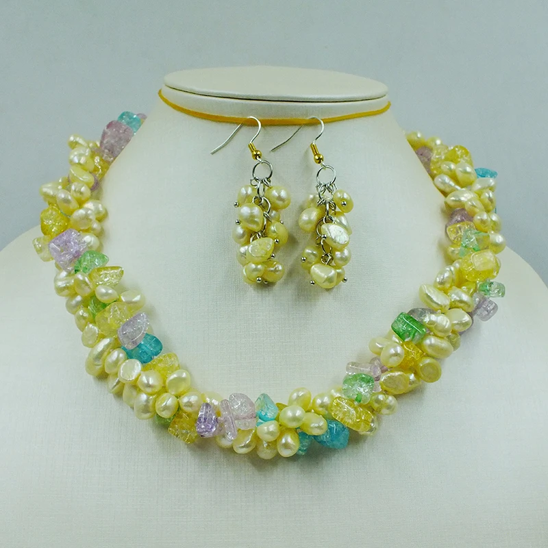 

3 strands 8mm natural Baroque pearls/popcorn crystal necklace 19”
