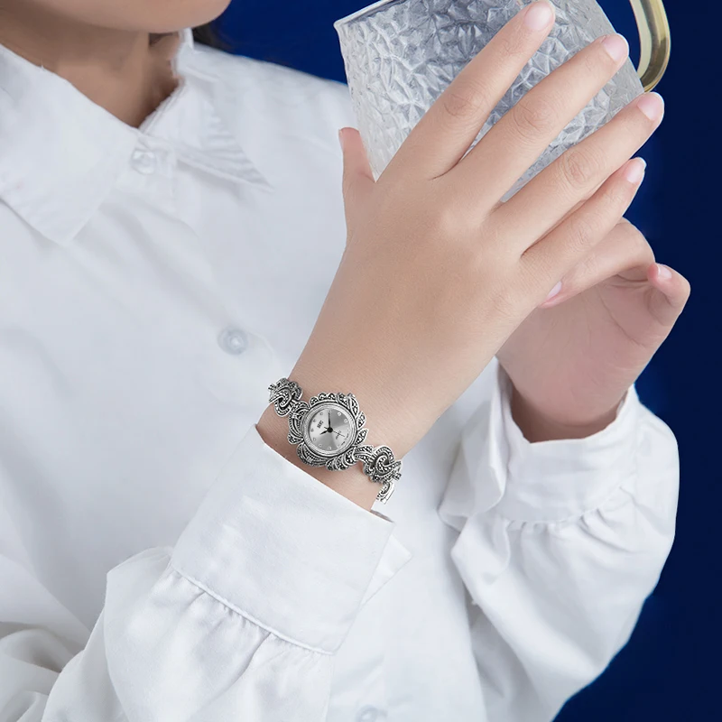 YYSUNNY Fashion Round Wrist Watch Leaf Style S925 Sterling Silver Ladies Elegant Openwork Bracelet for Gift Classic Jewelry
