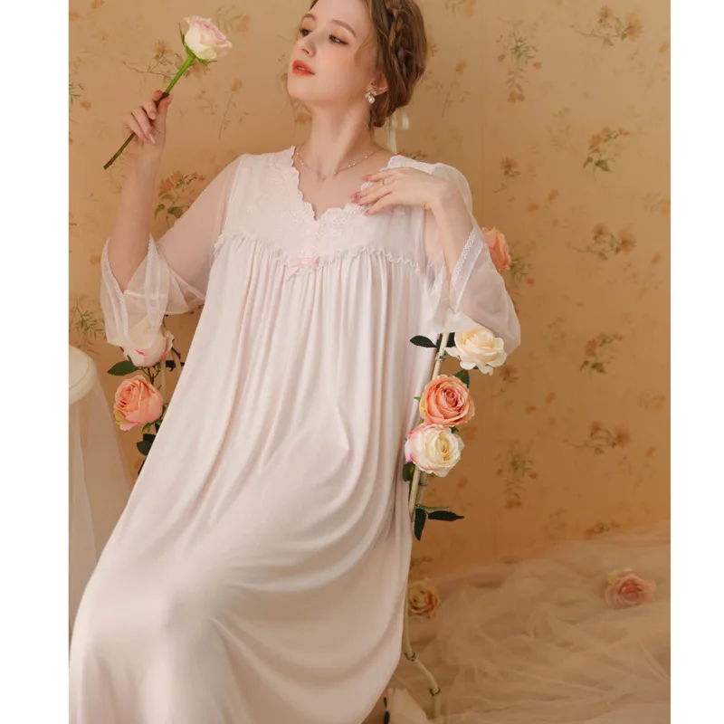 Womens Nightgowns Modal Cotton Lace Sexy Nightdress Nightwear Vintage French Court Style Sleepwear Home Dressing Gowns Nightwear