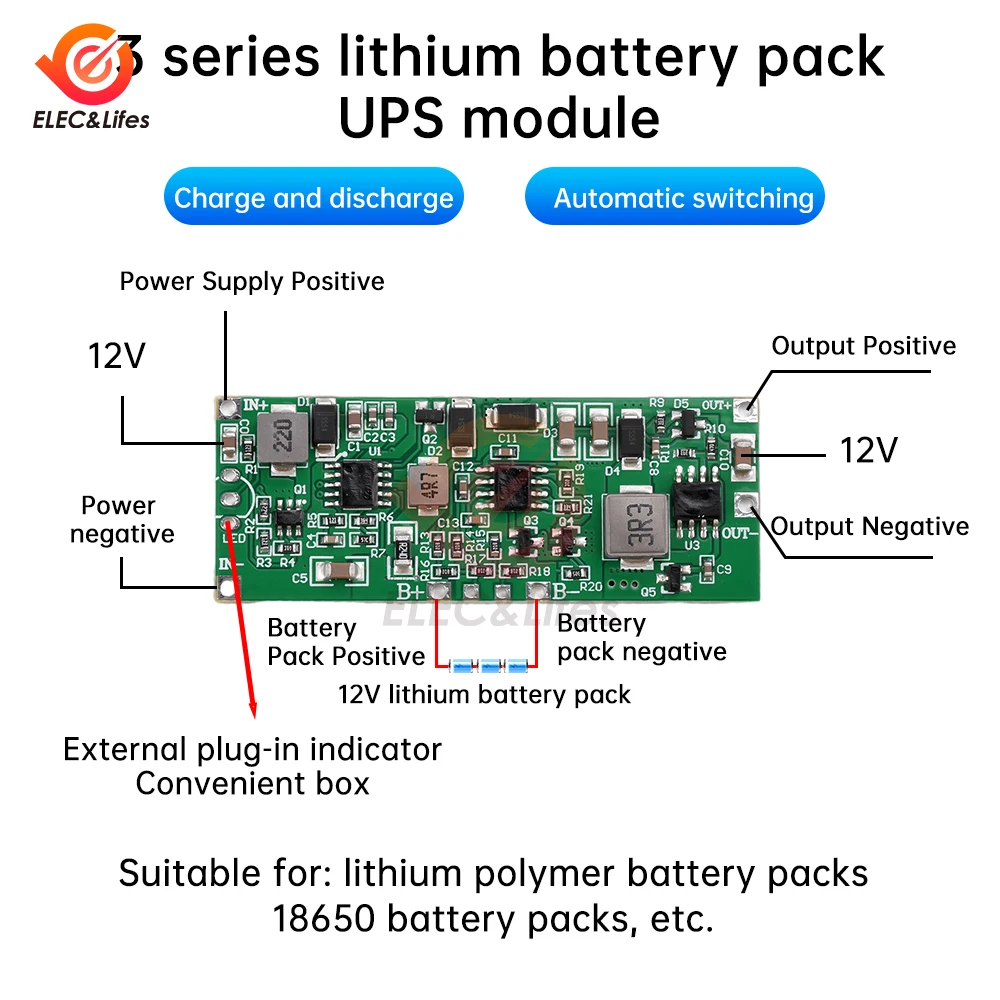 DC 12V 36W 3A UPS Power Supply Module Uninterruptible Power Control Board 3S Charging Step Up Protection Module dc power supply uninterruptible power supply portable ups mini ups