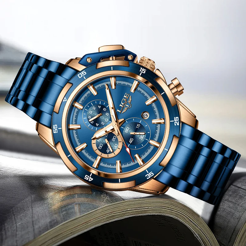 New LIGE Fashion Men Watches Stainless Steel Top Brand Luxury Sport Chronograph Quartz Wrist Watch For Men Relogio Masculino+Box