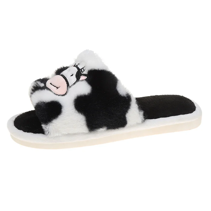 Women's Cute Cartoon Cow Fur Slippers Open Toe Non Slip Indoor House Plush Slides Woman Comfort Flat Heels Home Cotton Shoes