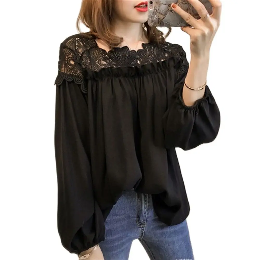 

Spring Summer Tops For Women 2022 Sexy Off Should Lace Hollow Out Slash Neck Ladies Top White Black Plus Size Blouse Shirts XXL