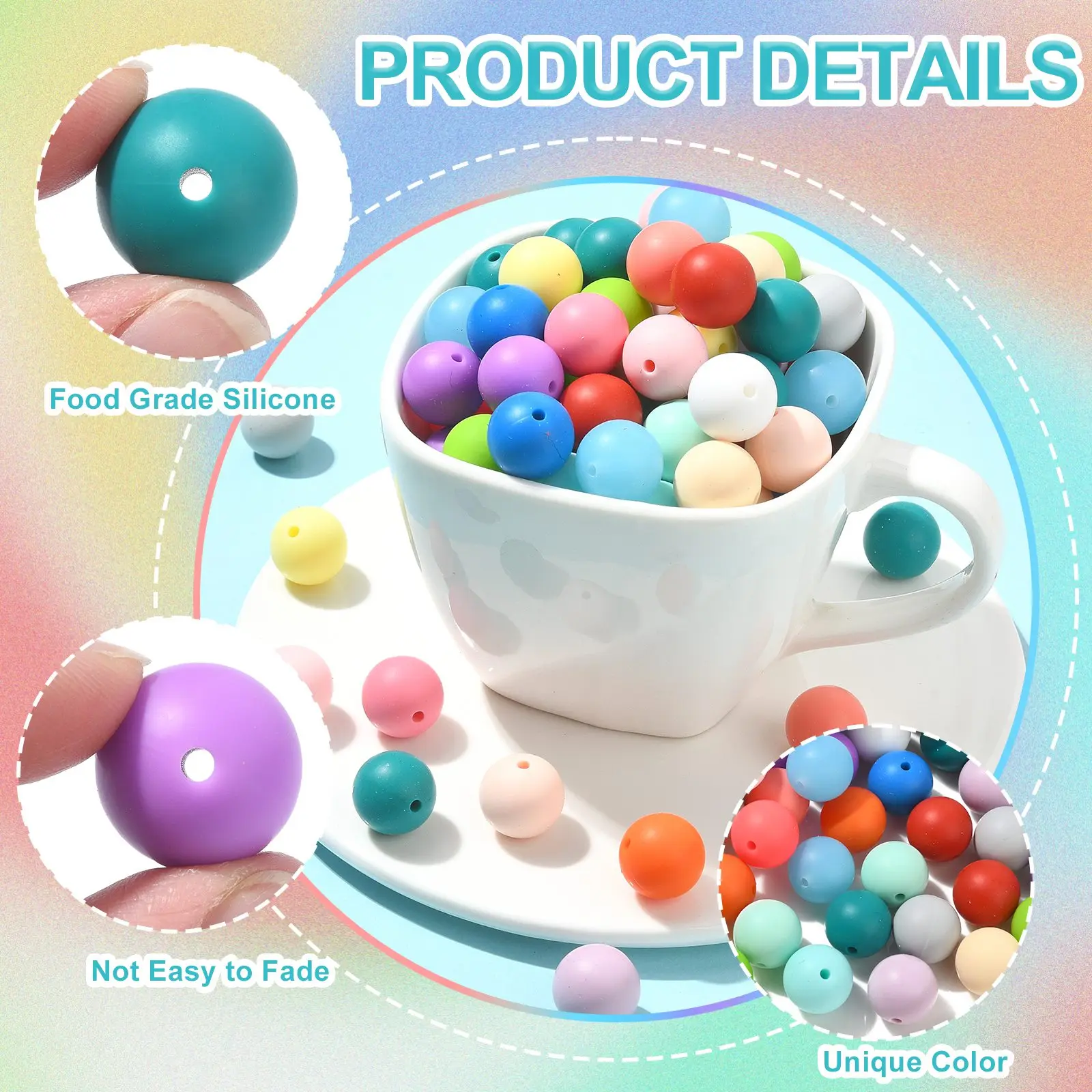 100Pcs Random 15mm Round Silicone Beads Candy Color Rubber Round Loose Beads Silicone Beads for Jewelry Keychain Making