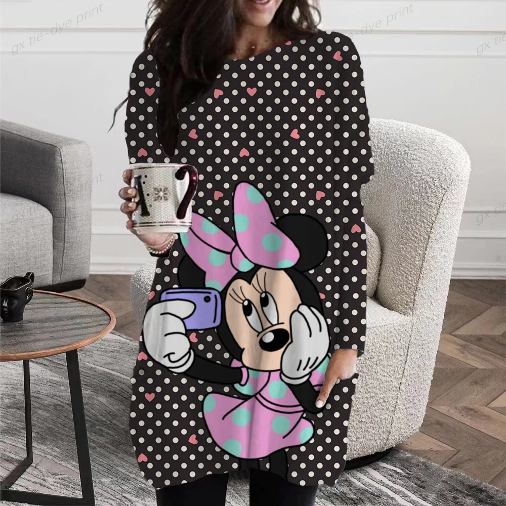 Autumn Spring Plus Size Women Disney Minnie Mickey Mouse Print Oneck