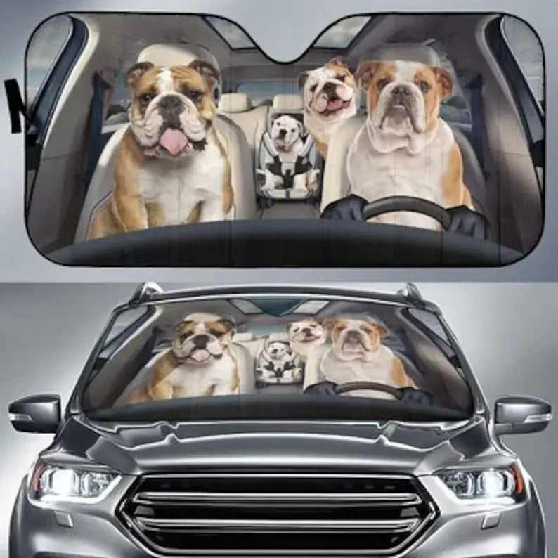 

Bulldog Family Funny Safe Driver Auto Sun Shade Car Accessories, Customized Gift Custom Animal Pattern Sunshade