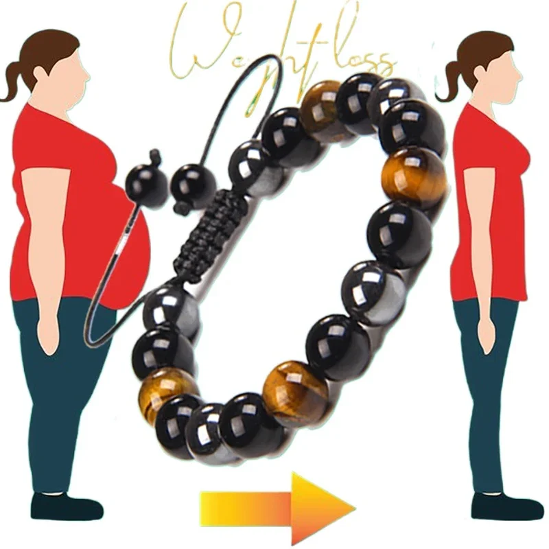 Pulsera de cuentas de ojo de tigre de hematita de piedra de obsidiana hecha a mano, pulsera de cuerda ajustable para perder peso, joyería de energía adelgazante