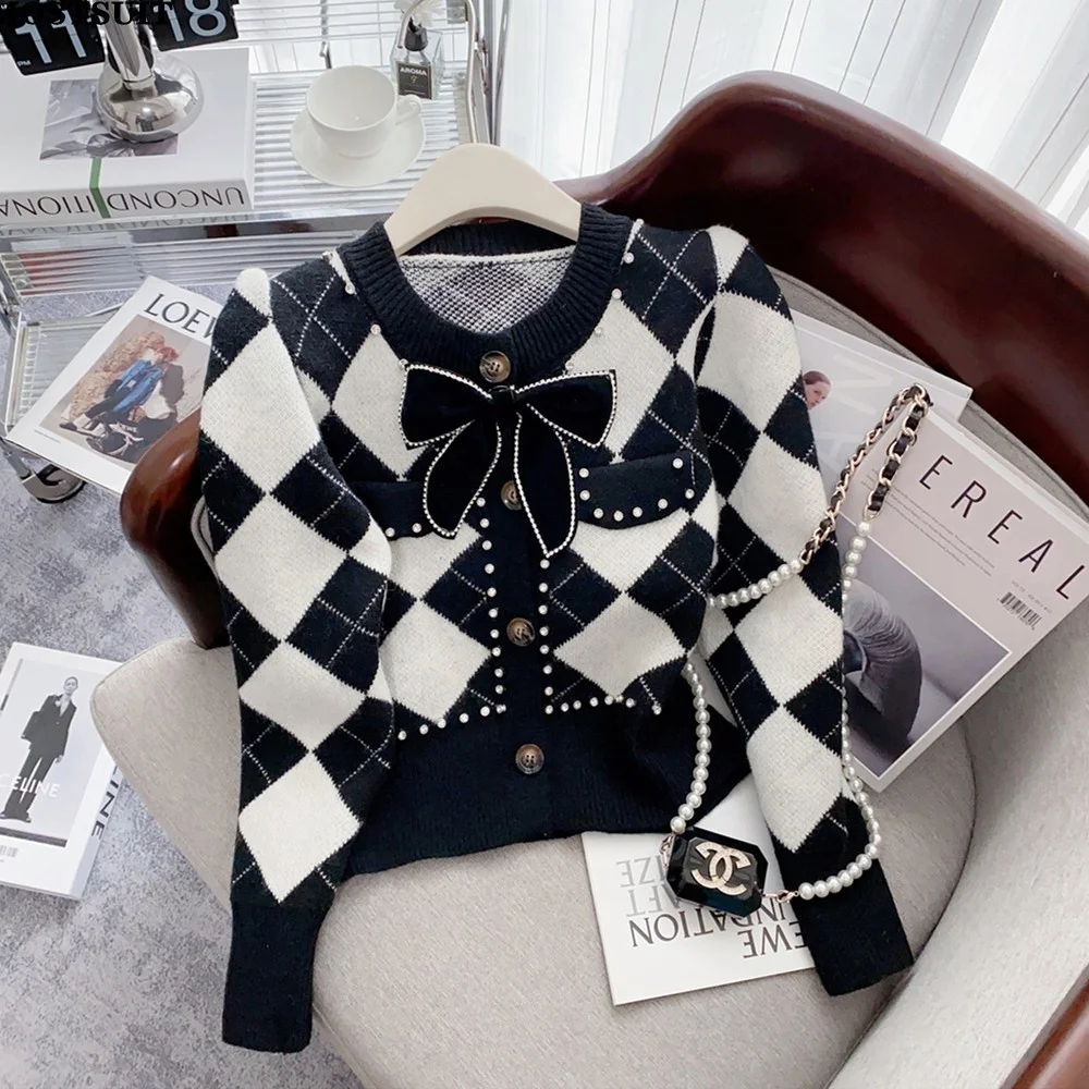 

Argyle Knitted Thicken Sweater Cardigan Women 2023 Winter Bowtie Elegant Vintage Stylish Fashion Coat Jacket Long Sleeve Jumpers